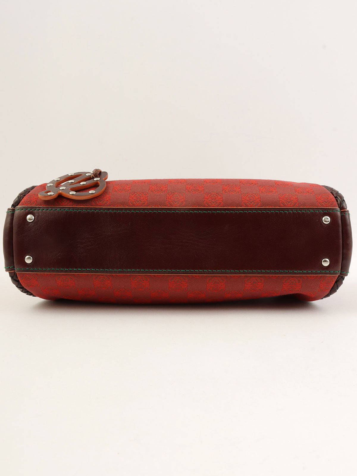 Canvas and Leather Combi-Nagram Pattern Handbag in Red/Brown