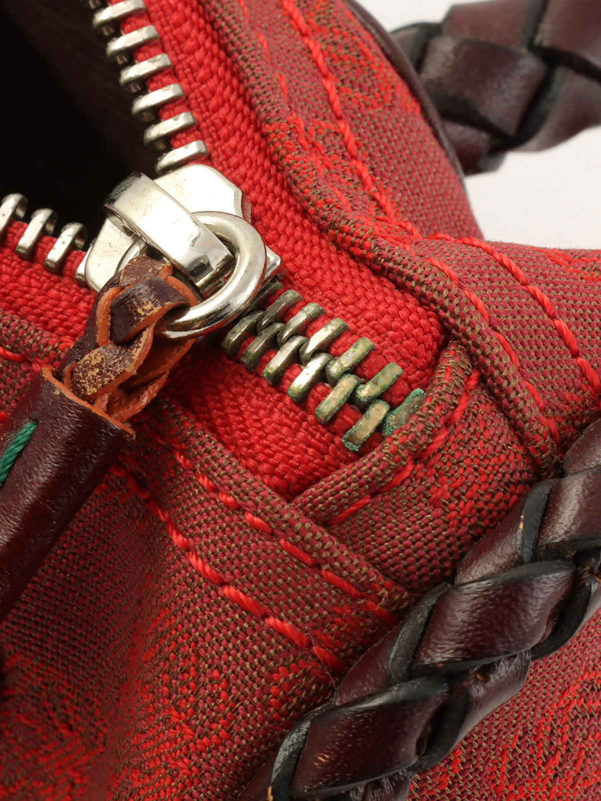 Canvas and Leather Combi-Nagram Pattern Handbag in Red/Brown