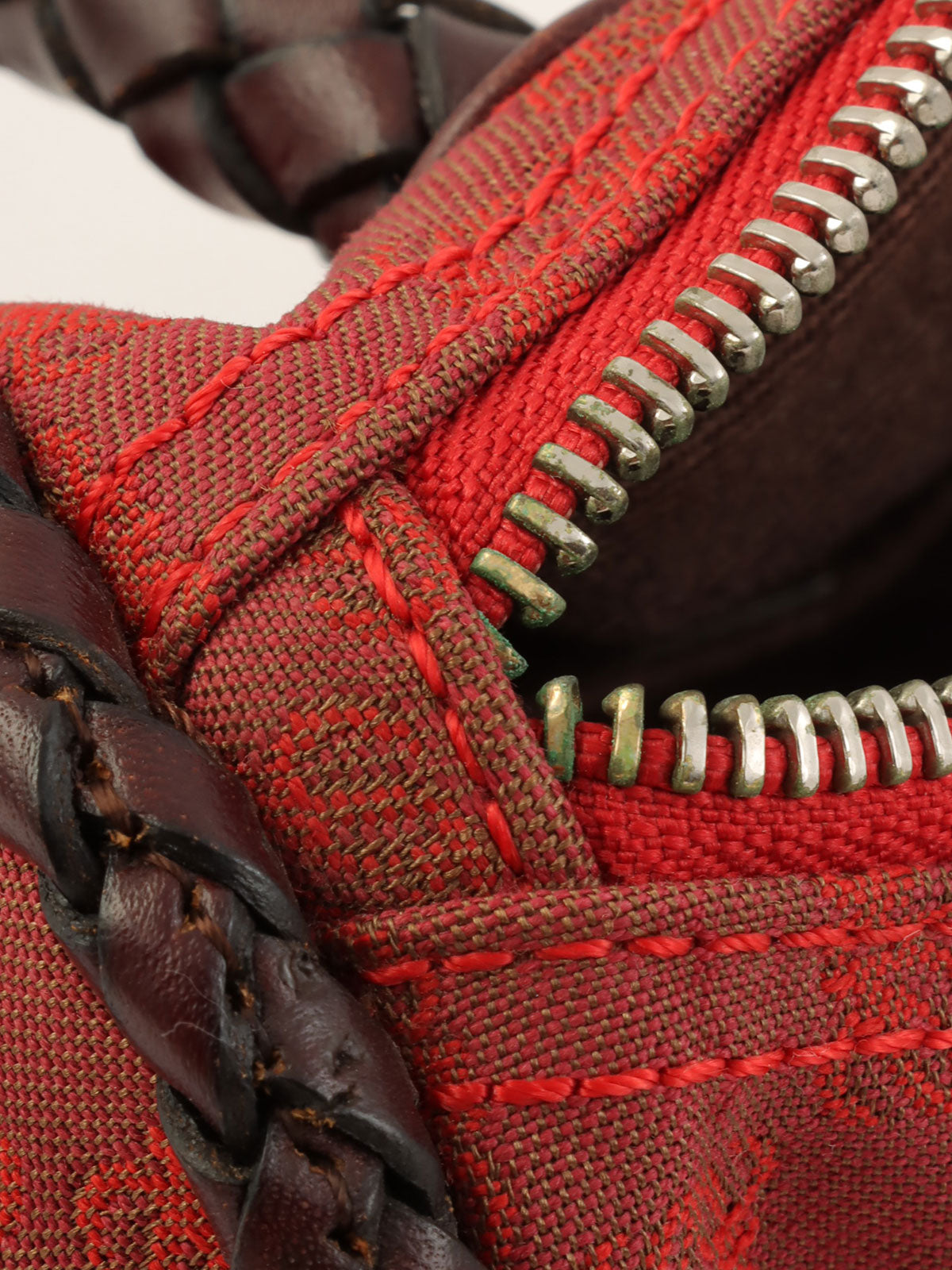 Canvas and Leather Combi-Nagram Pattern Handbag in Red/Brown