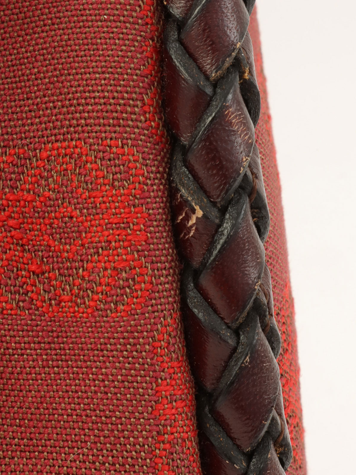 Canvas and Leather Combi-Nagram Pattern Handbag in Red/Brown