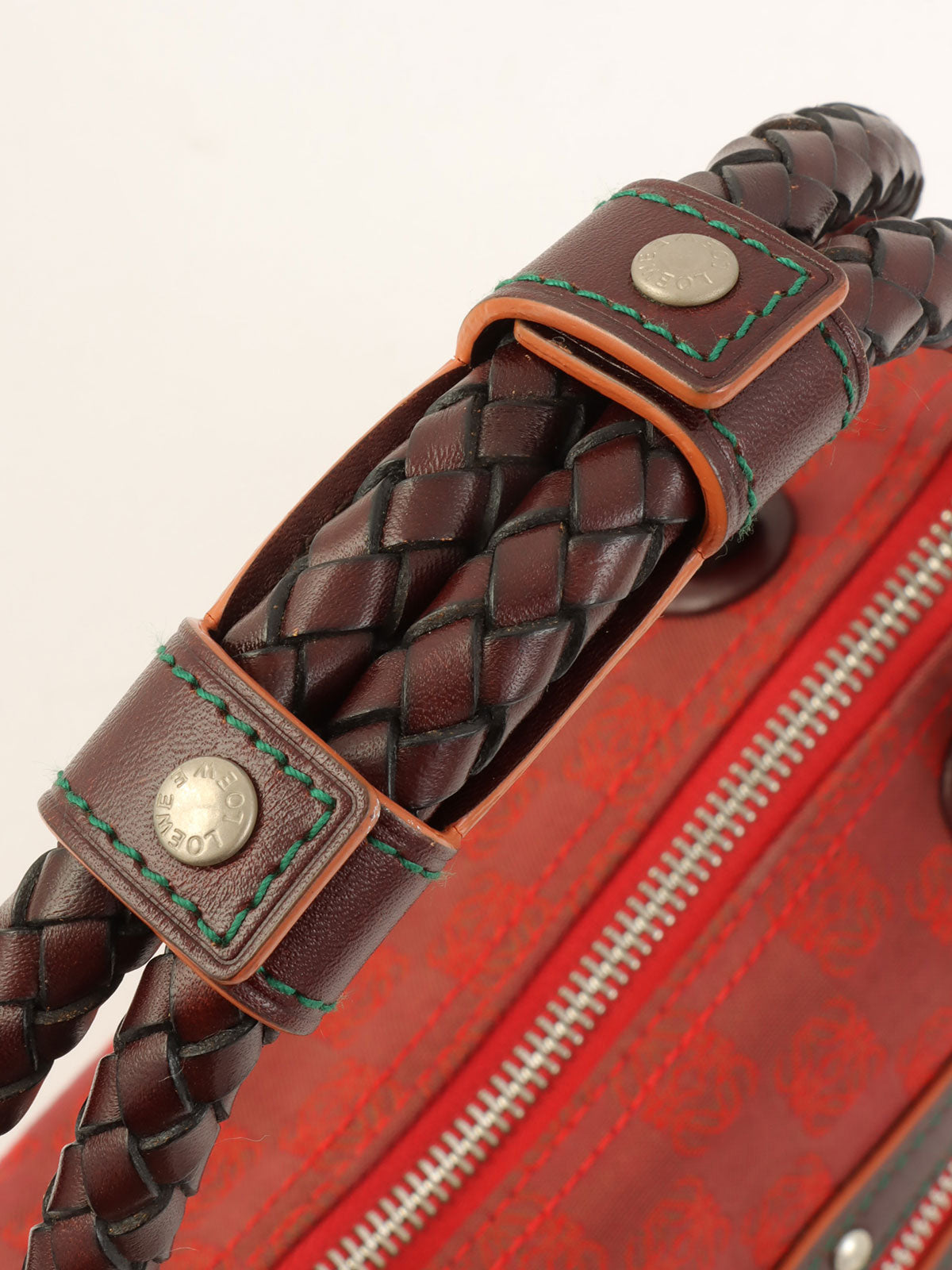 Canvas and Leather Combi-Nagram Pattern Handbag in Red/Brown