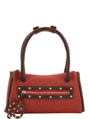 Canvas and Leather Combi-Nagram Pattern Handbag in Red/Brown