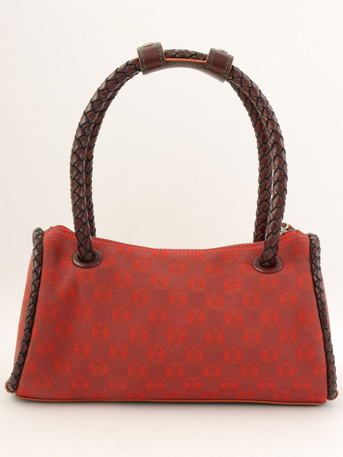 Canvas and Leather Combi-Nagram Pattern Handbag in Red/Brown