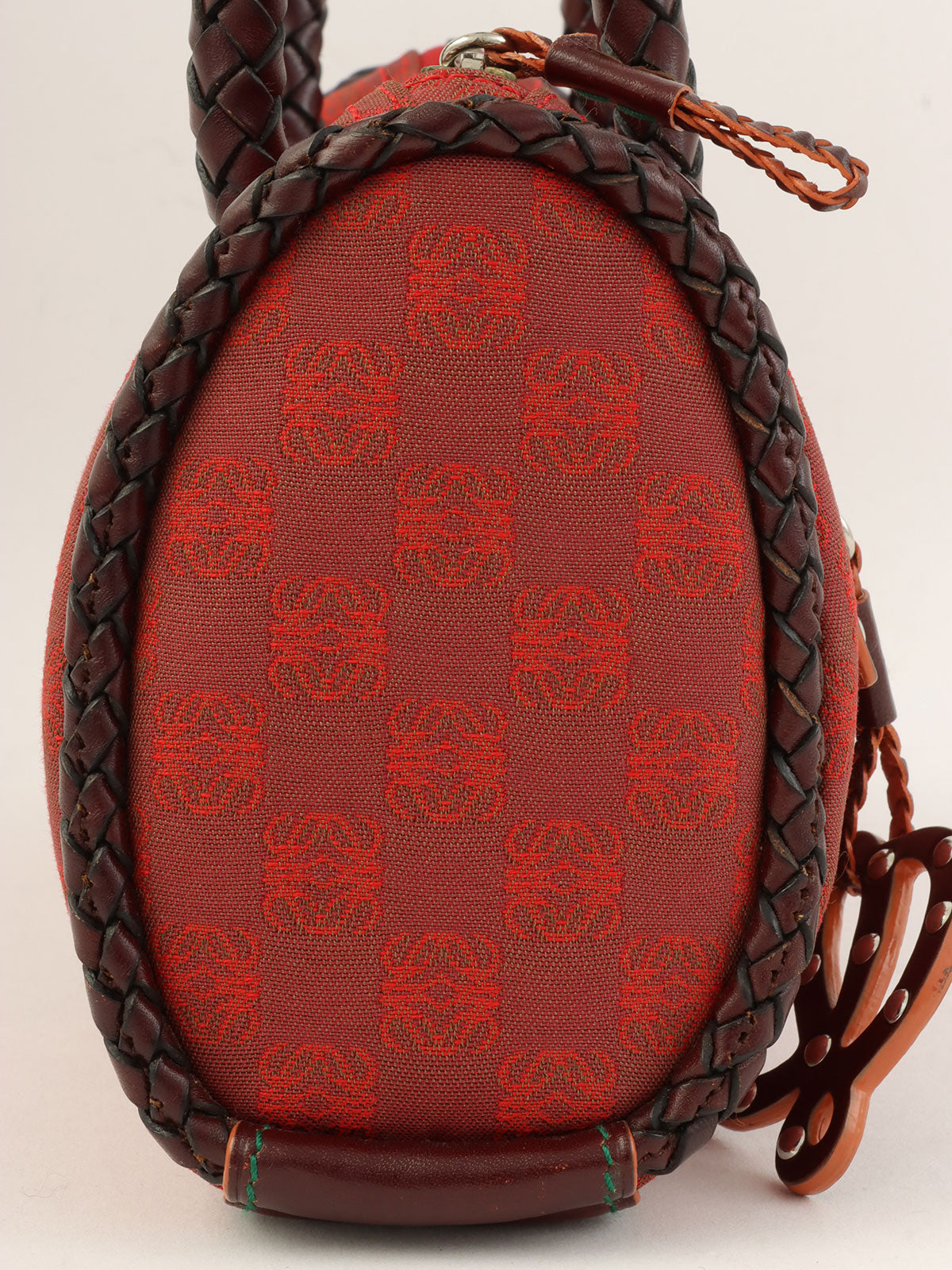 Canvas and Leather Combi-Nagram Pattern Handbag in Red/Brown