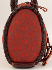 Canvas and Leather Combi-Nagram Pattern Handbag in Red/Brown