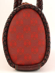 Canvas and Leather Combi-Nagram Pattern Handbag in Red/Brown