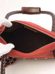 Canvas and Leather Combi-Nagram Pattern Handbag in Red/Brown