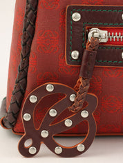 Canvas and Leather Combi-Nagram Pattern Handbag in Red/Brown