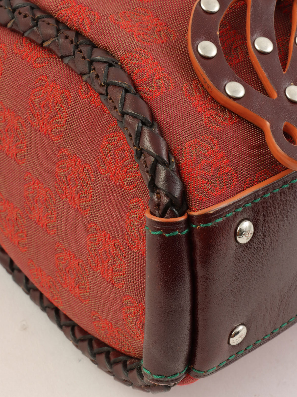 Canvas and Leather Combi-Nagram Pattern Handbag in Red/Brown