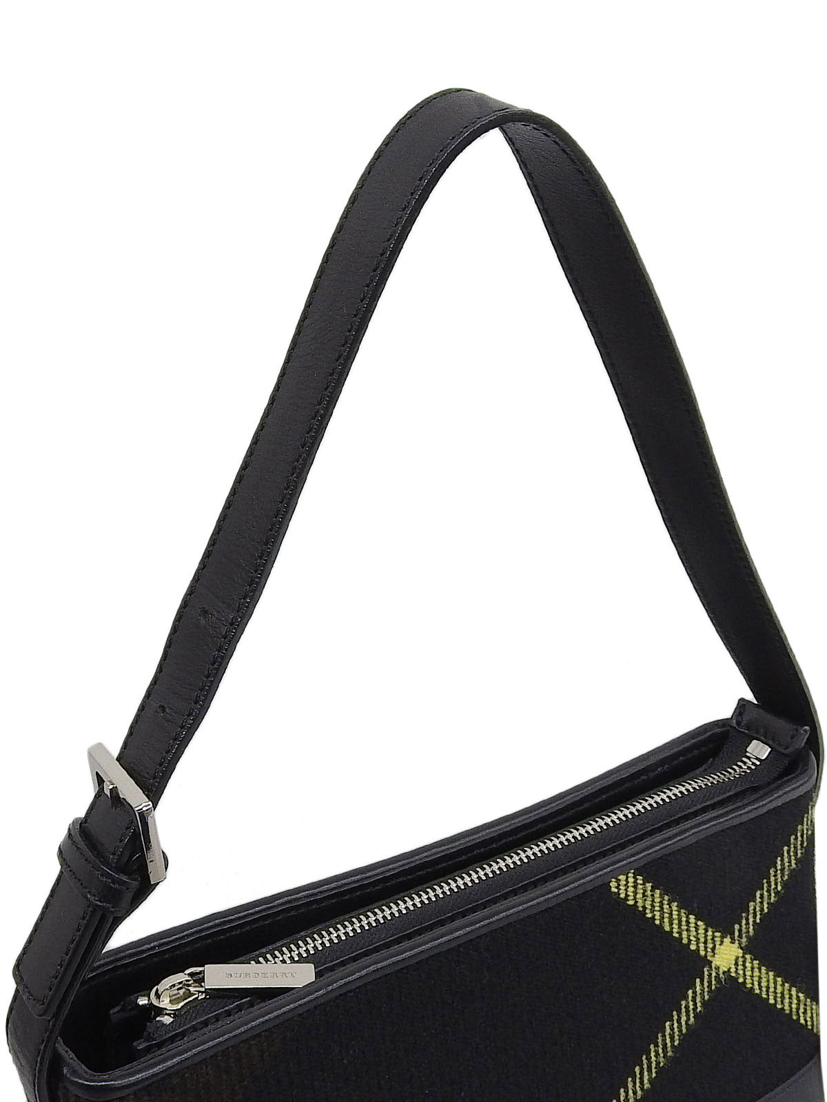 Wool and leather combination check pattern shoulder bag in black/brown/yellow