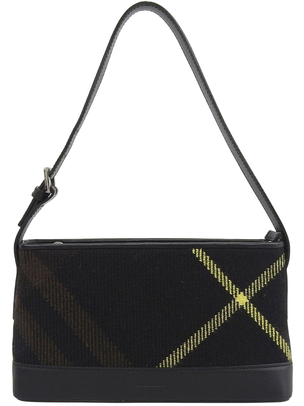 Wool and leather combination check pattern shoulder bag in black/brown/yellow