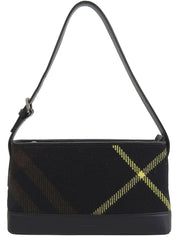 Wool and leather combination check pattern shoulder bag in black/brown/yellow