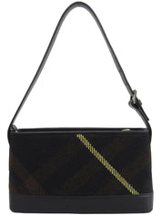 Wool and leather combination check pattern shoulder bag in black/brown/yellow