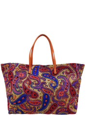 Paisley Pattern Raffia Tote Bag in Beige/Multi