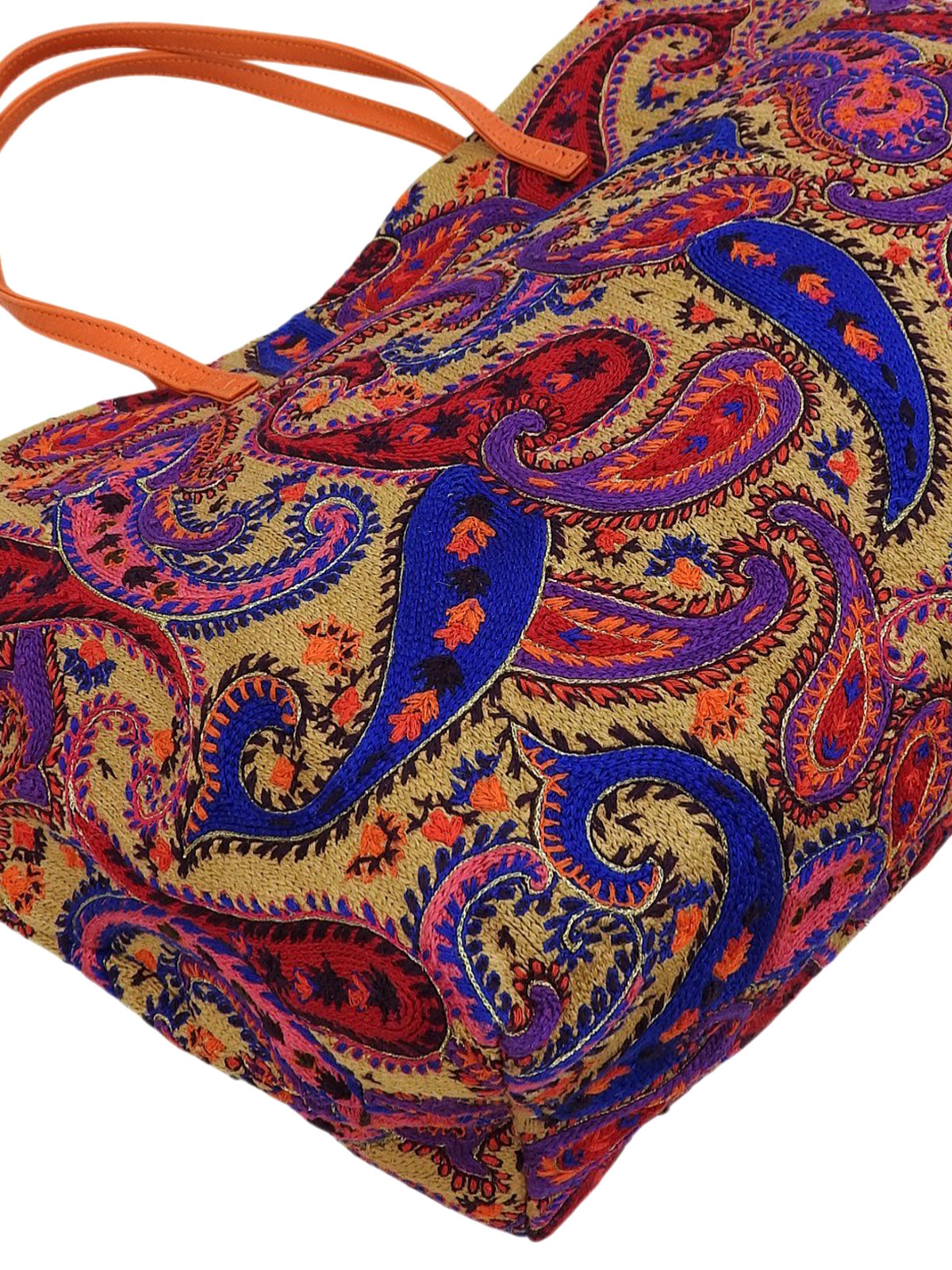 Paisley Pattern Raffia Tote Bag in Beige/Multi
