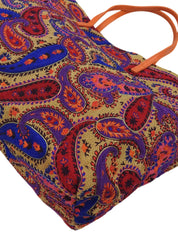 Paisley Pattern Raffia Tote Bag in Beige/Multi