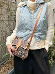 レザーデニムコンビラメマカダムパターンショルダーバッグ ブロンズ/ブルー