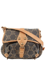 レザーデニムコンビラメマカダムパターンショルダーバッグ ブロンズ/ブルー