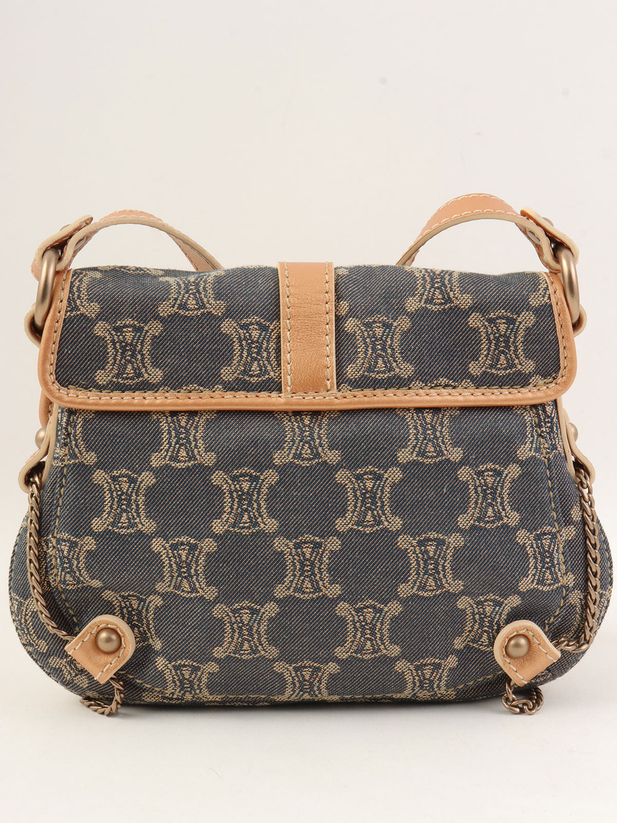 レザーデニムコンビラメマカダムパターンショルダーバッグ ブロンズ/ブルー