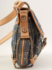 レザーデニムコンビラメマカダムパターンショルダーバッグ ブロンズ/ブルー