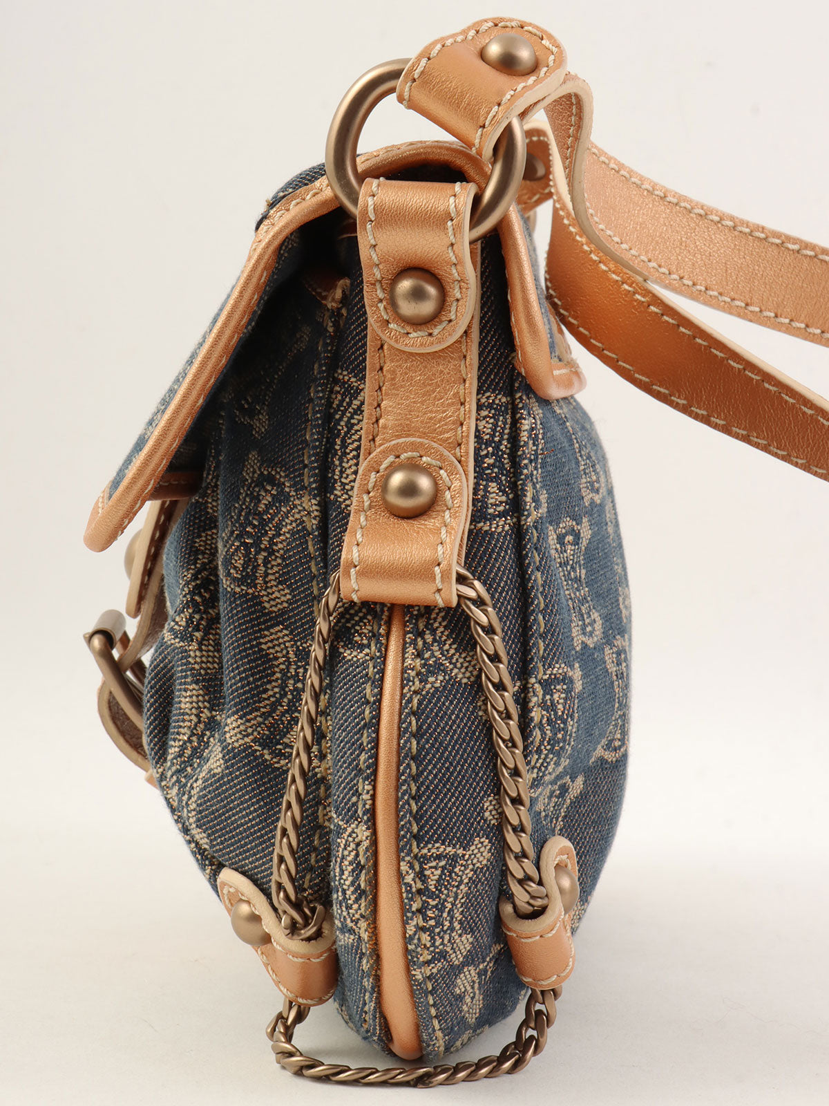 レザーデニムコンビラメマカダムパターンショルダーバッグ ブロンズ/ブルー