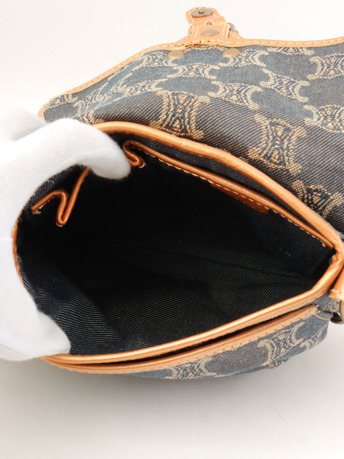 レザーデニムコンビラメマカダムパターンショルダーバッグ ブロンズ/ブルー