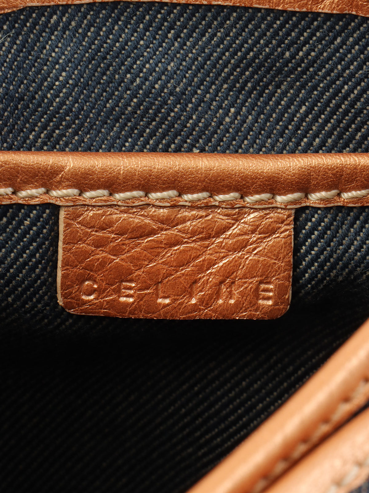 レザーデニムコンビラメマカダムパターンショルダーバッグ ブロンズ/ブルー