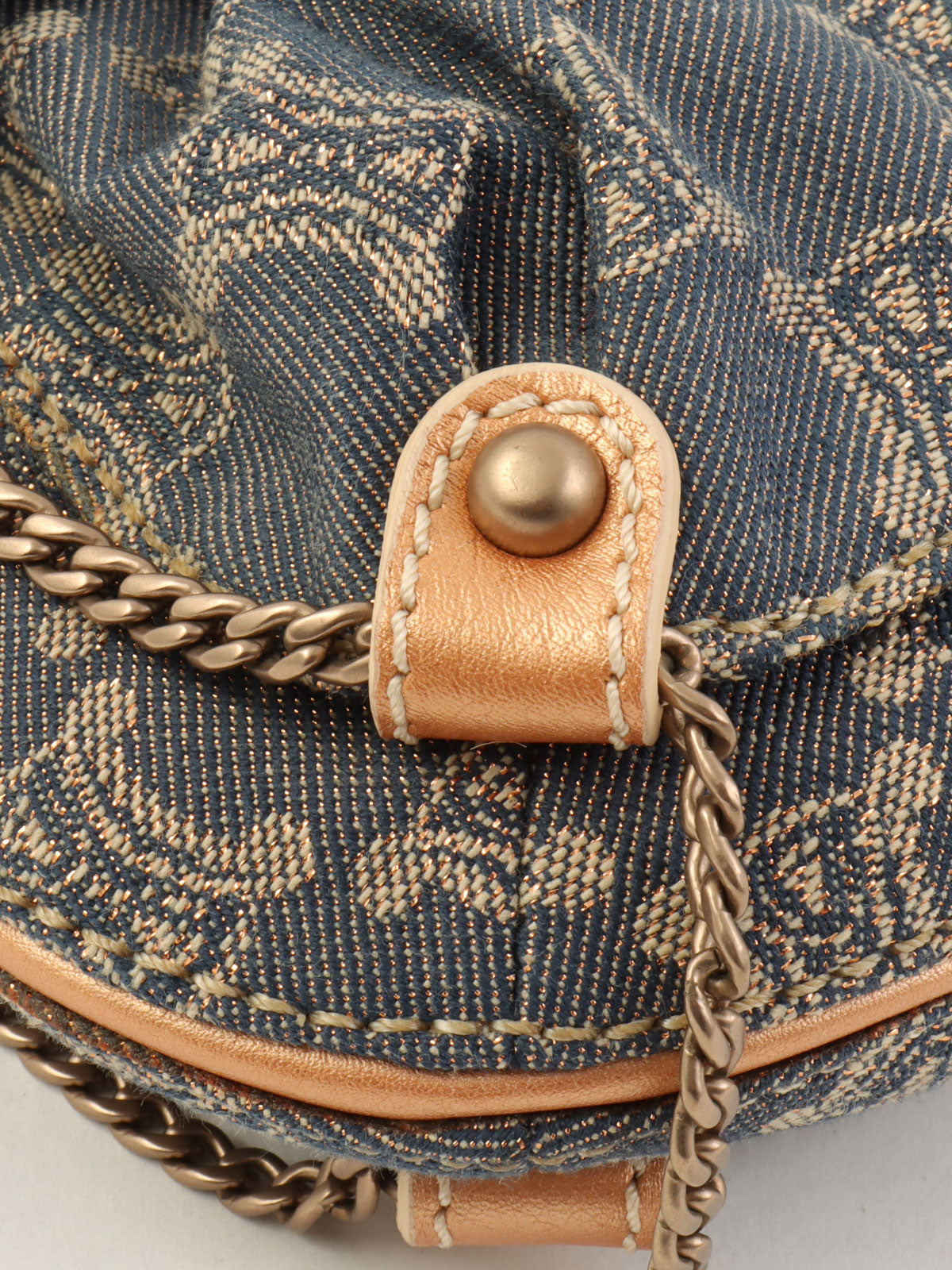レザーデニムコンビラメマカダムパターンショルダーバッグ ブロンズ/ブルー