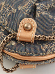 レザーデニムコンビラメマカダムパターンショルダーバッグ ブロンズ/ブルー