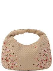 Beige Intrecciato Embroidered Hobo Bag