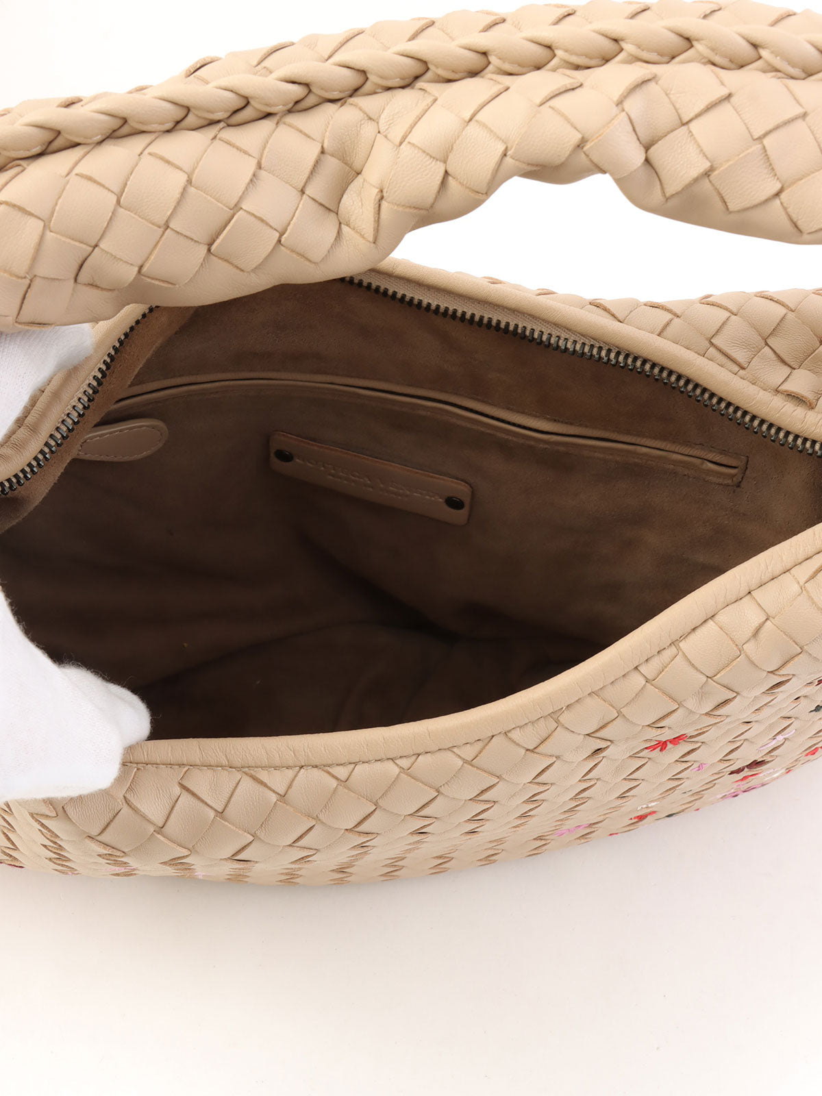 Beige Intrecciato Embroidered Hobo Bag