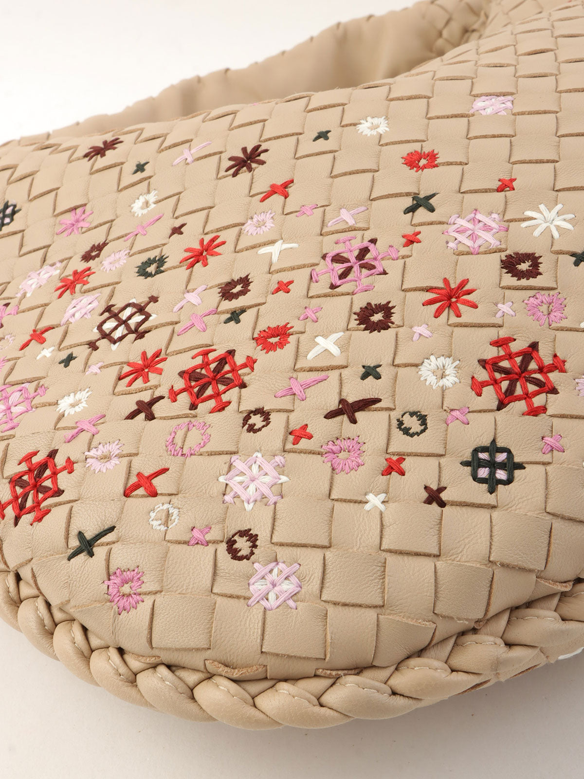 Beige Intrecciato Embroidered Hobo Bag