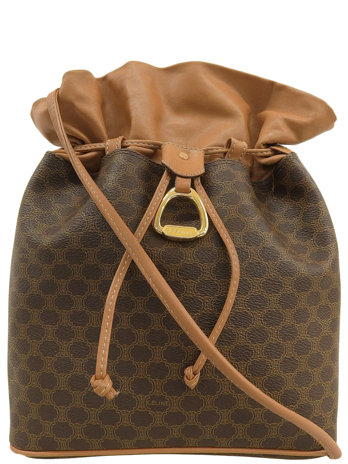 棕色碎石图案Logo吊牌抽绳单肩包