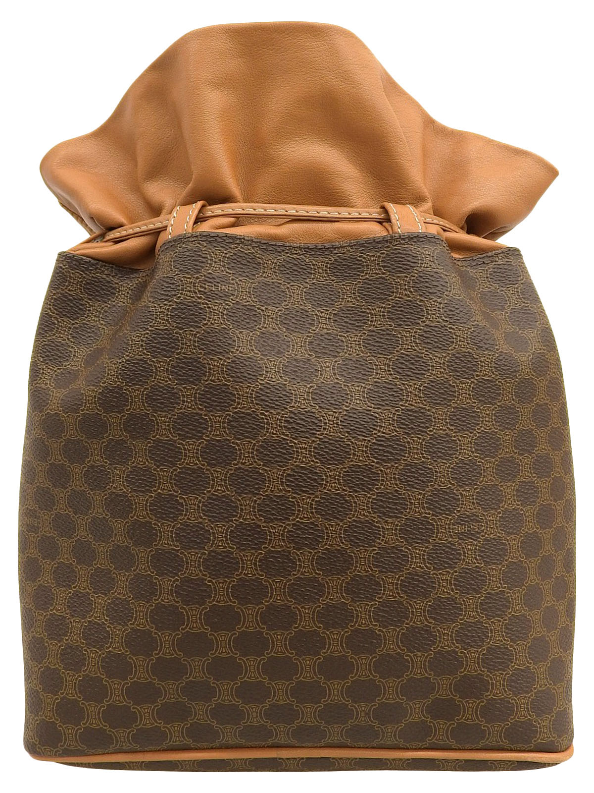 棕色碎石图案Logo吊牌抽绳单肩包