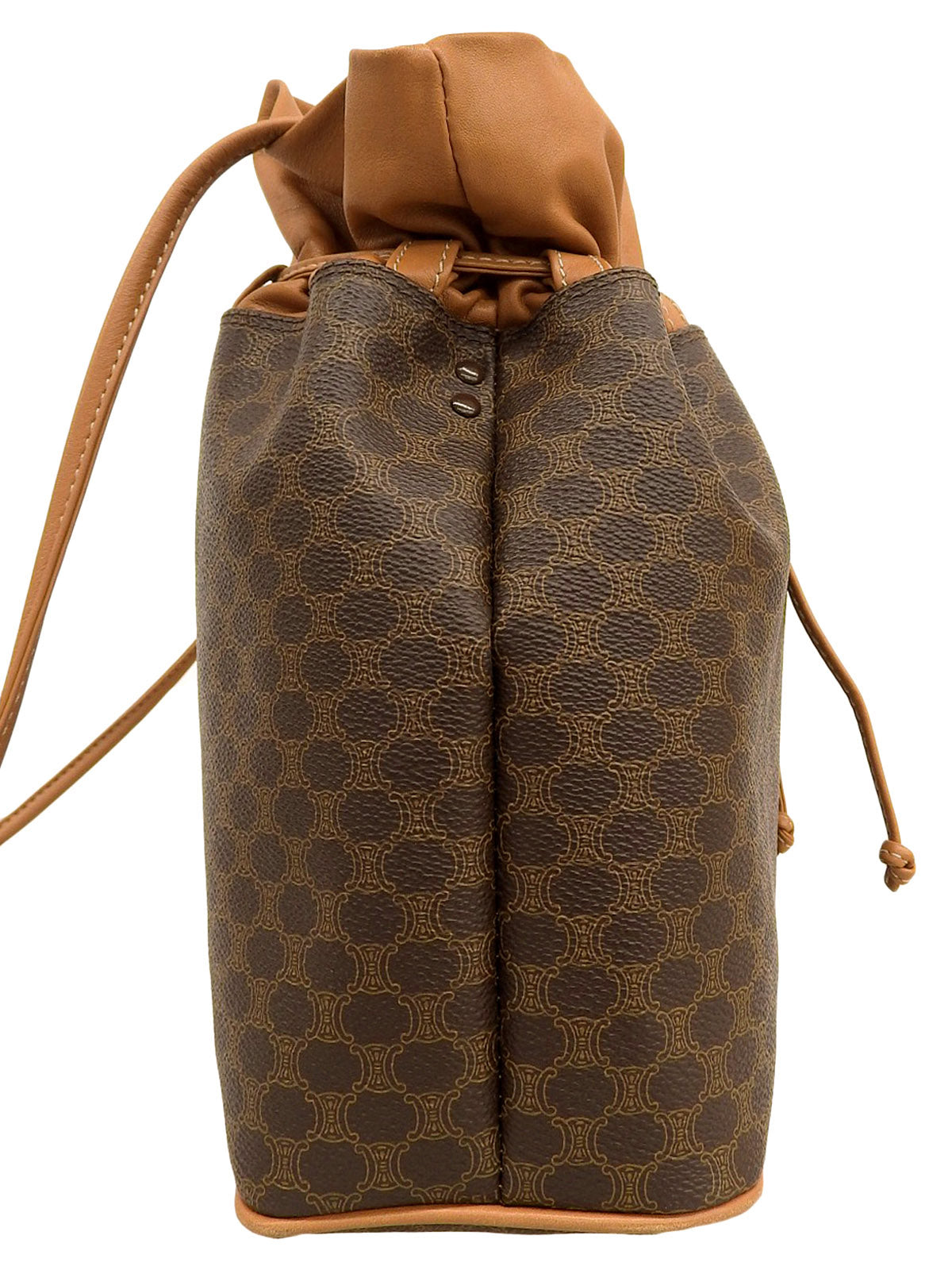 棕色碎石图案Logo吊牌抽绳单肩包