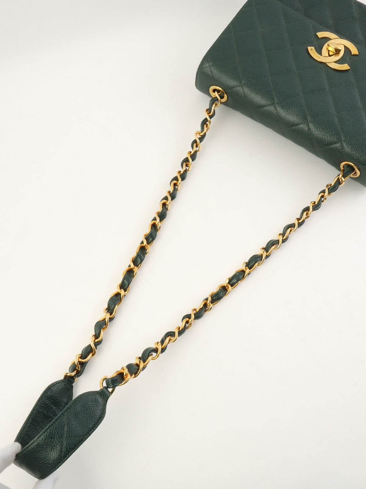 1992年頃製 キャビアスキンCCターンロックスクエアチェーンショルダーバッグ ダークグリーン