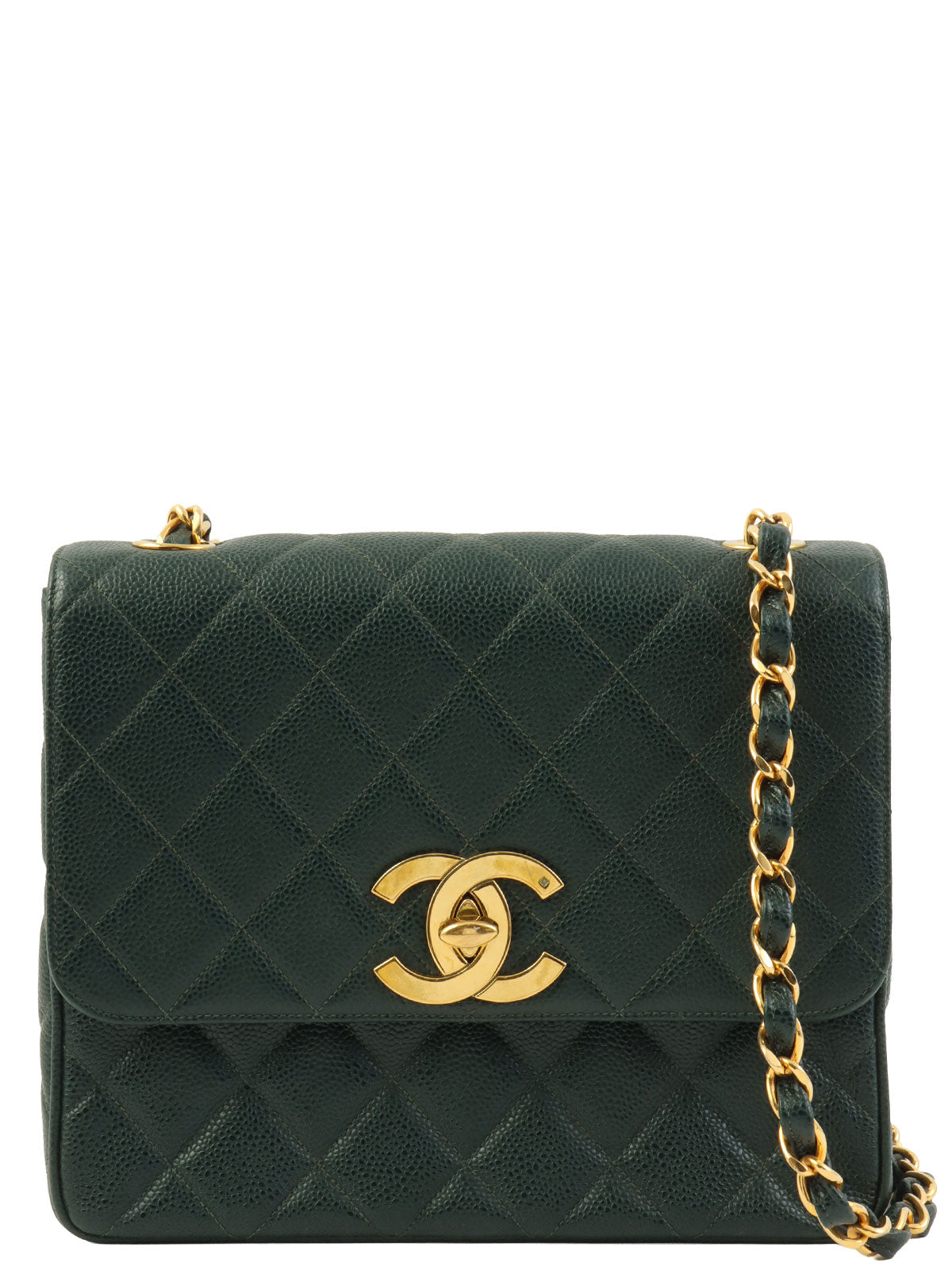 1992年頃製 キャビアスキンCCターンロックスクエアチェーンショルダーバッグ ダークグリーン