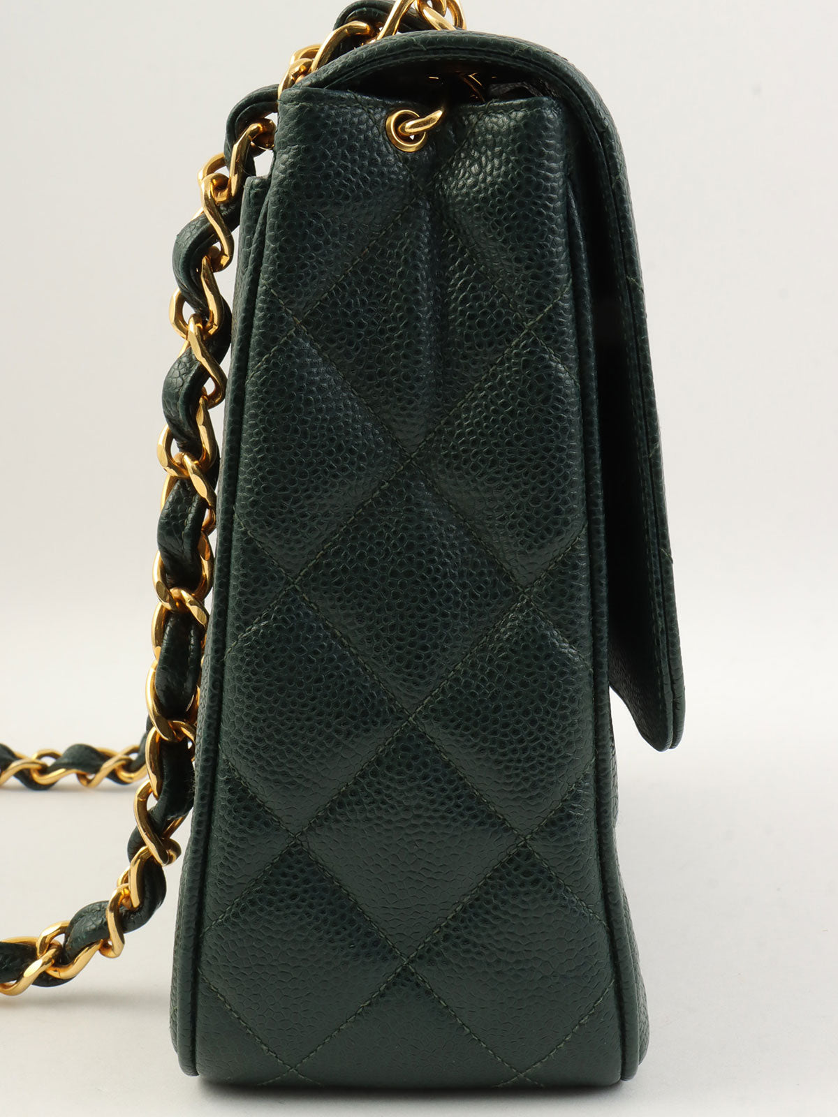 1992年頃製 キャビアスキンCCターンロックスクエアチェーンショルダーバッグ ダークグリーン