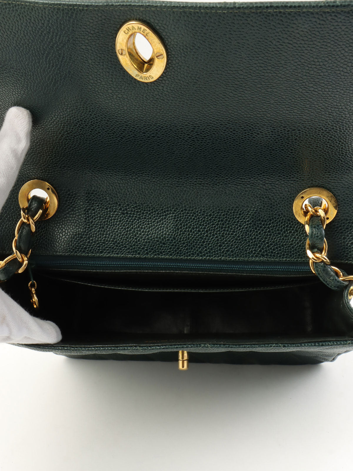 1992年頃製 キャビアスキンCCターンロックスクエアチェーンショルダーバッグ ダークグリーン