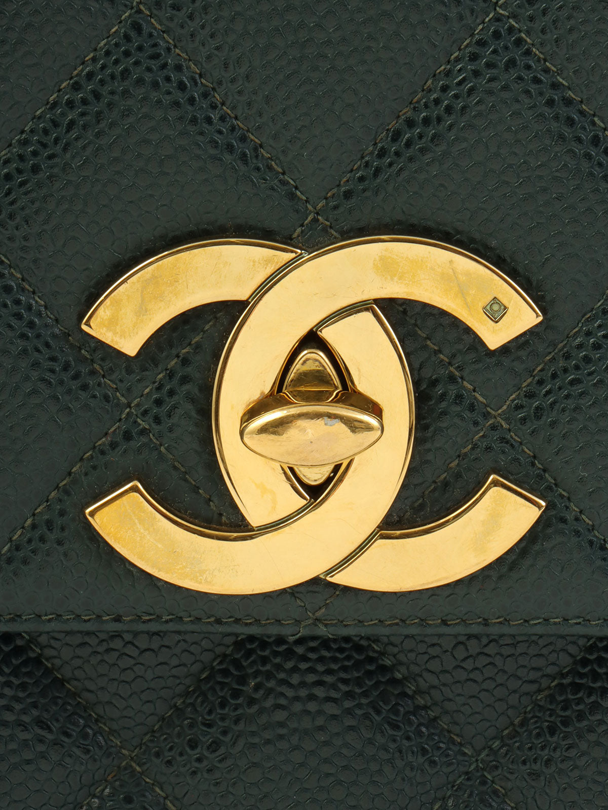 1992年頃製 キャビアスキンCCターンロックスクエアチェーンショルダーバッグ ダークグリーン