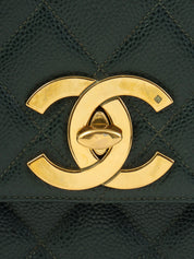 1992年頃製 キャビアスキンCCターンロックスクエアチェーンショルダーバッグ ダークグリーン