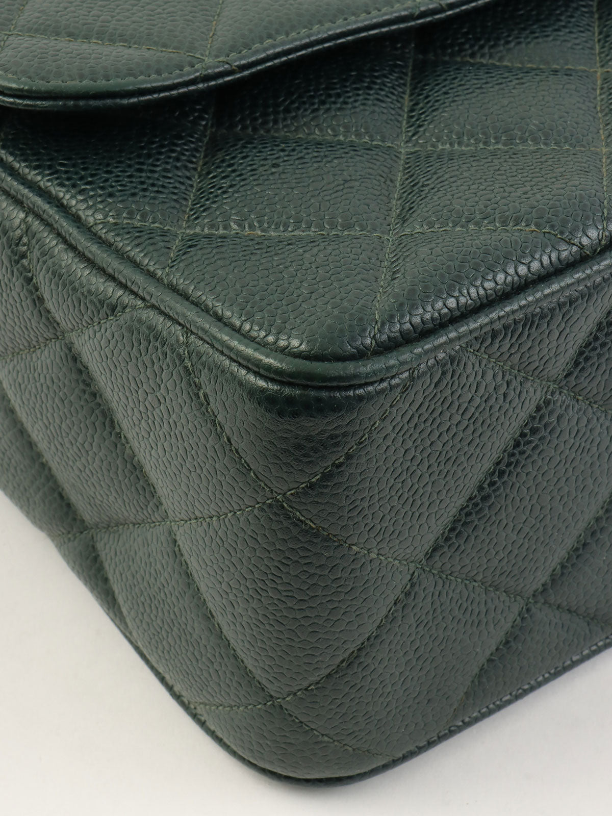 1992年頃製 キャビアスキンCCターンロックスクエアチェーンショルダーバッグ ダークグリーン