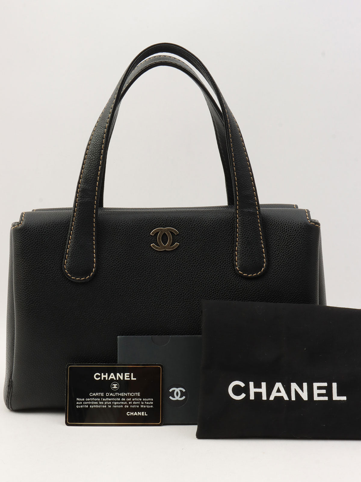 2001年頃製 キャビアスキンワイルドステッチCCマークプレートハンドバッグ ブラック