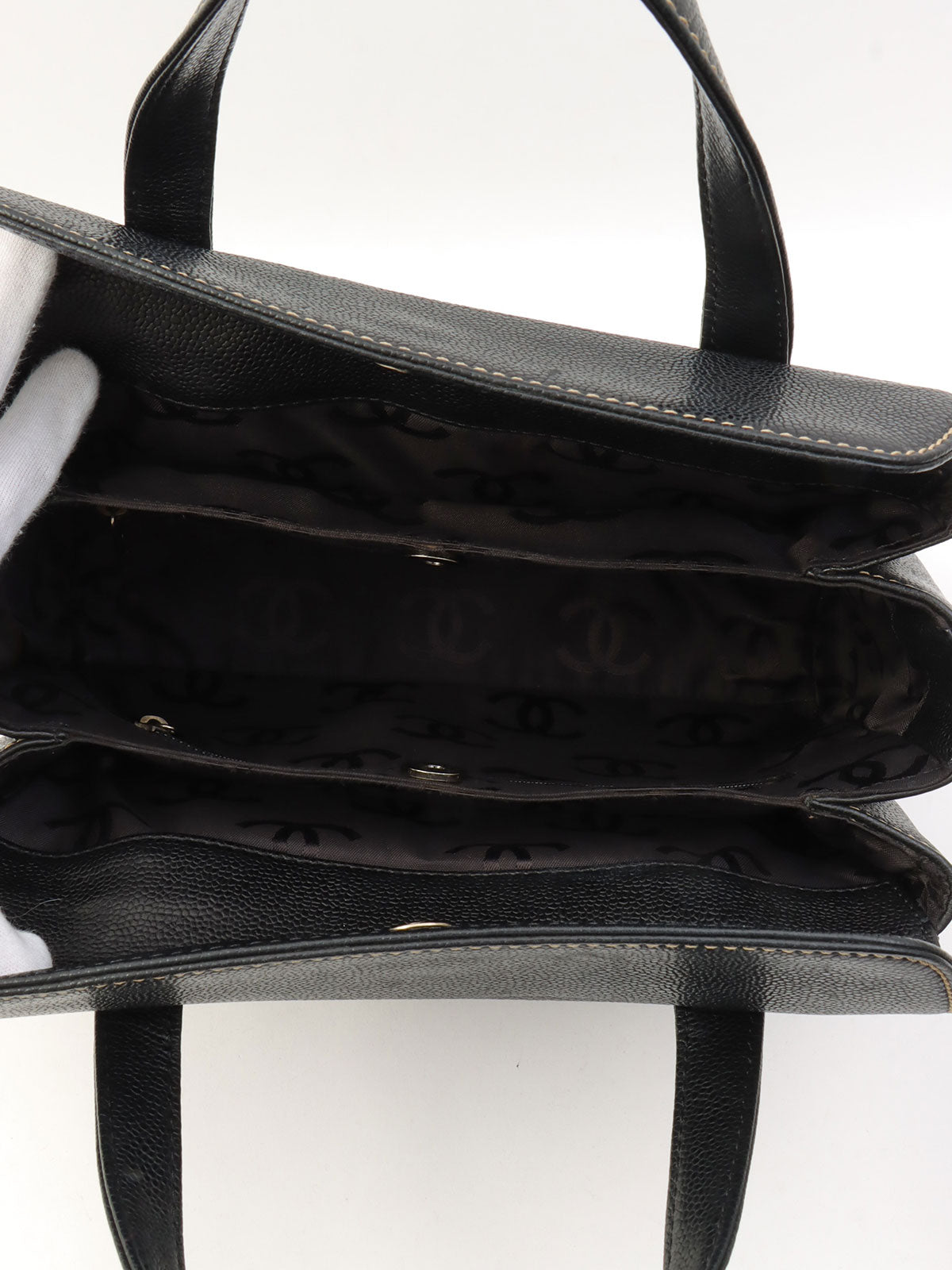 2001年頃製 キャビアスキンワイルドステッチCCマークプレートハンドバッグ ブラック