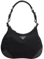 Nylon logo plate shoulder bag in black