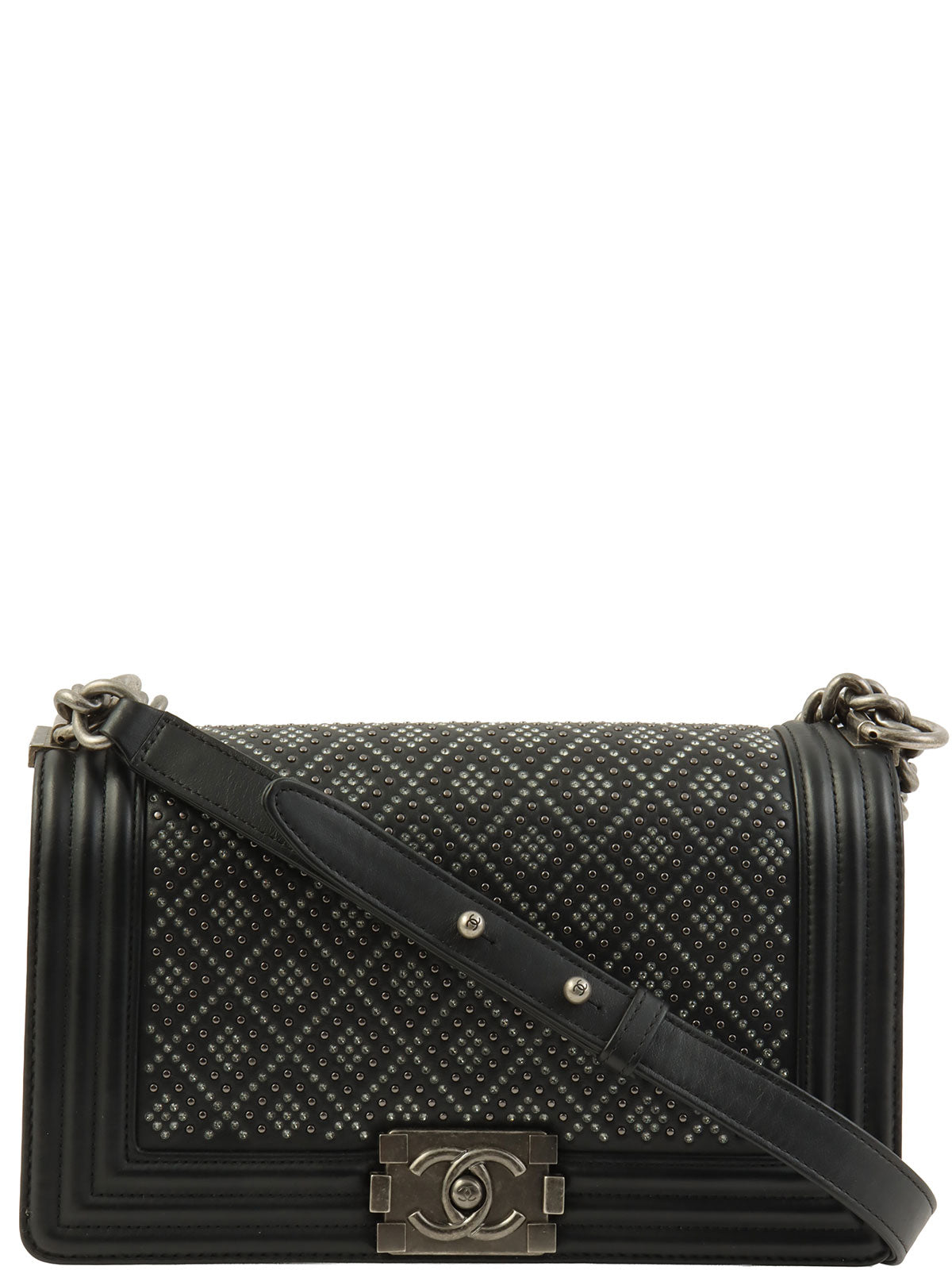 2020年頃製 スタッズラインストーンボーイシャネルチェーンショルダーバッグ ブラック