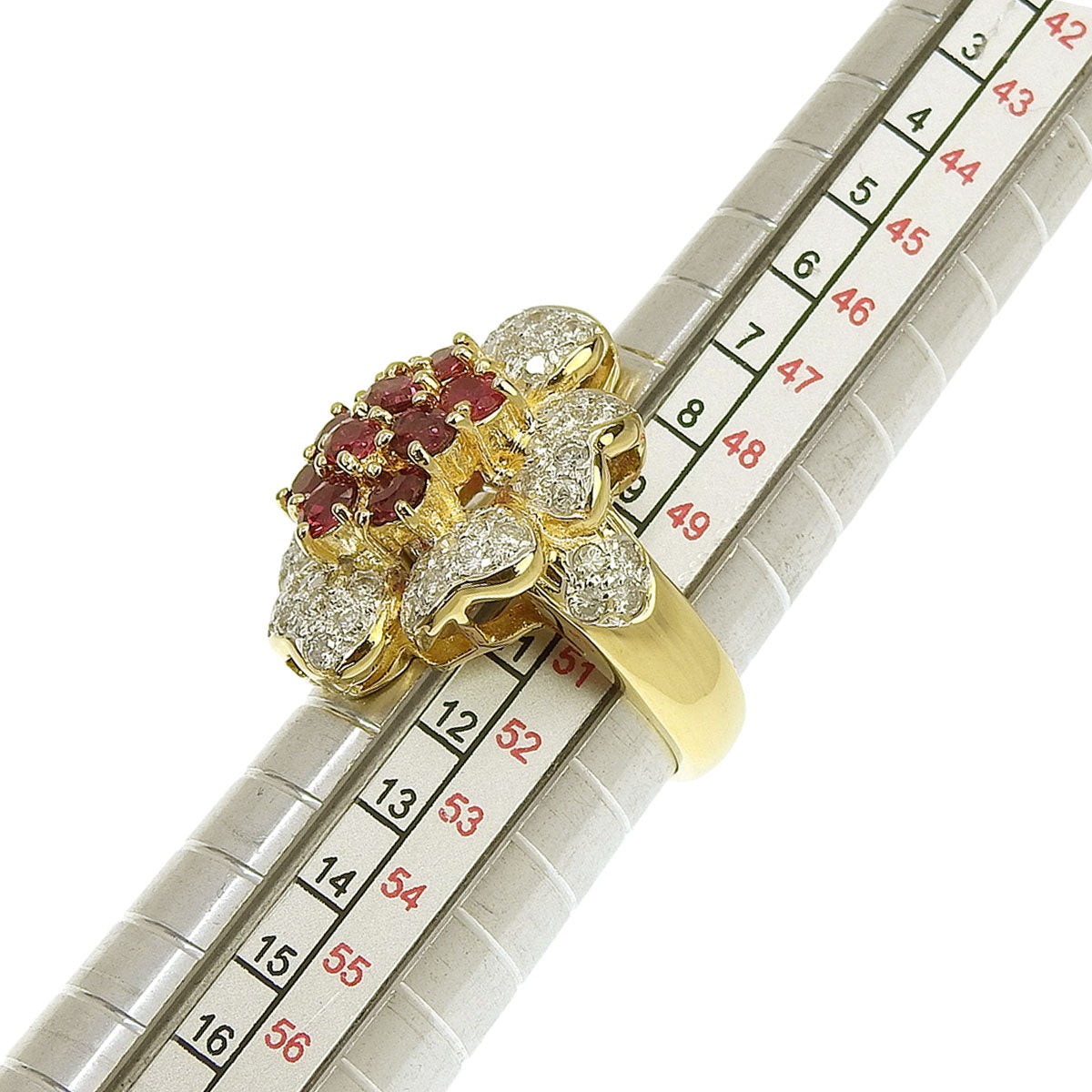 18K Ruby Diamond Flower Motif Ring #51 Gold