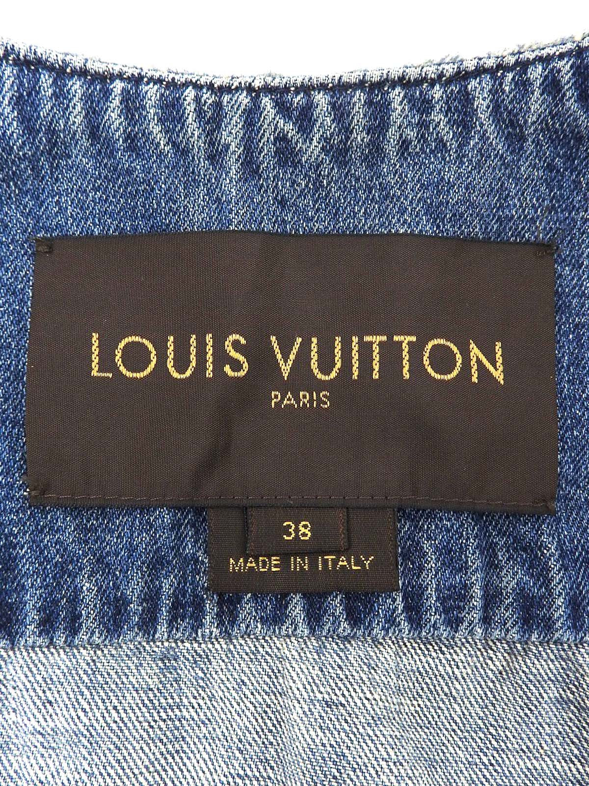 Denim monogram design collarless jacket in blue