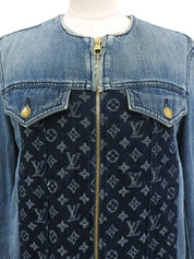 Denim monogram design collarless jacket in blue