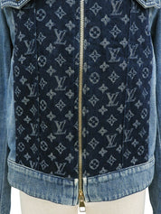 Denim monogram design collarless jacket in blue